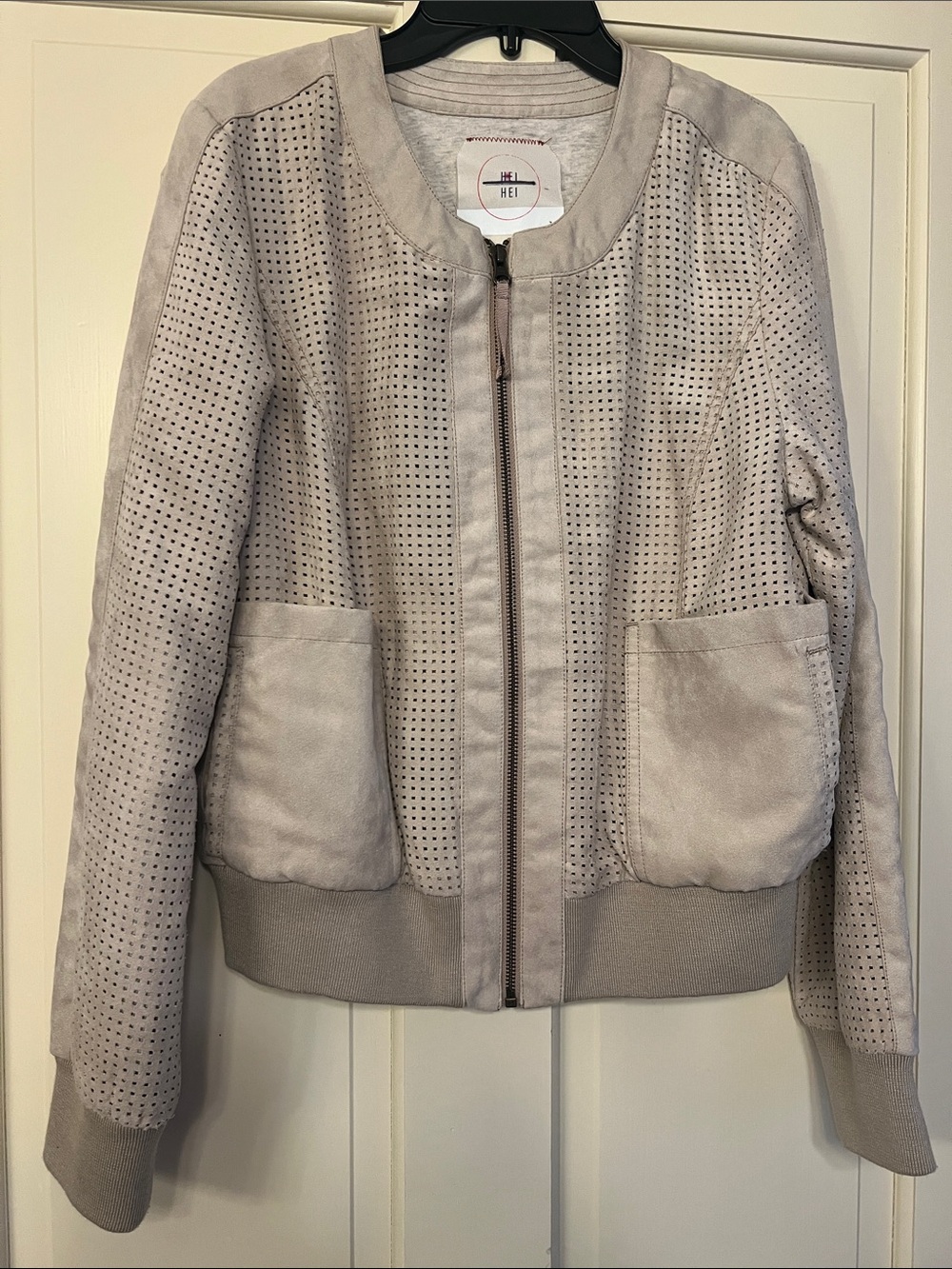 Women's HIE Anthropologie Light Gray Taupe Perforated Suede Bomber Jacket M